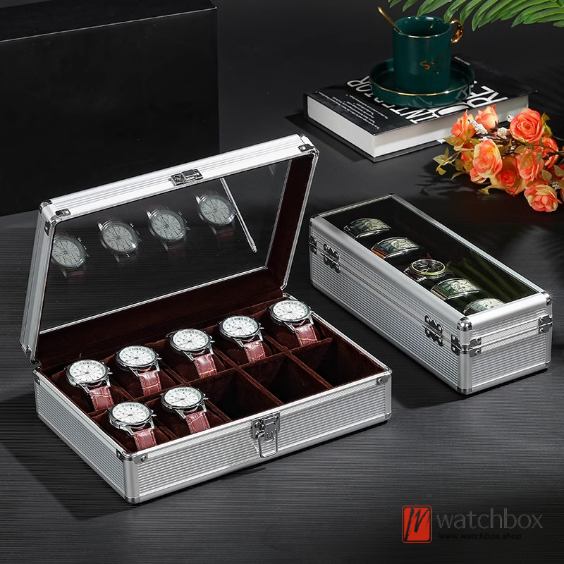 Silver Aluminum Alloy Coffee Inner Soft Pillow Watch Jewelry Case Storage Organizer Display Gift Box