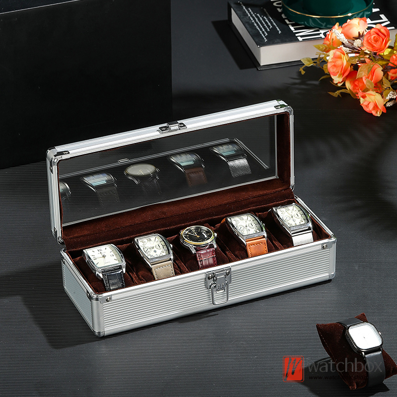 Silver Aluminum Alloy Coffee Inner Soft Pillow Watch Jewelry Case Storage Organizer Display Gift Box