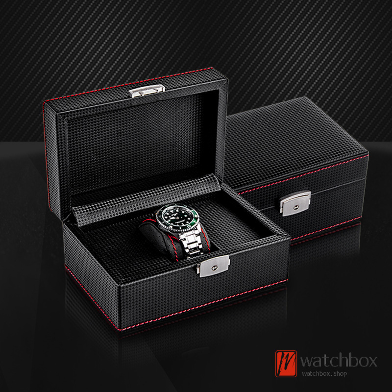Black Carbon Fiber Leather Watch Case Storage Box With Lock Birthday Gift