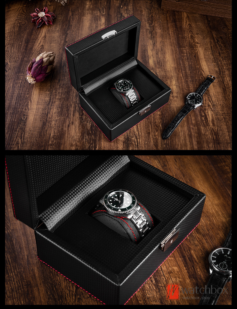 Black Carbon Fiber Leather Watch Case Storage Box With Lock Birthday Gift