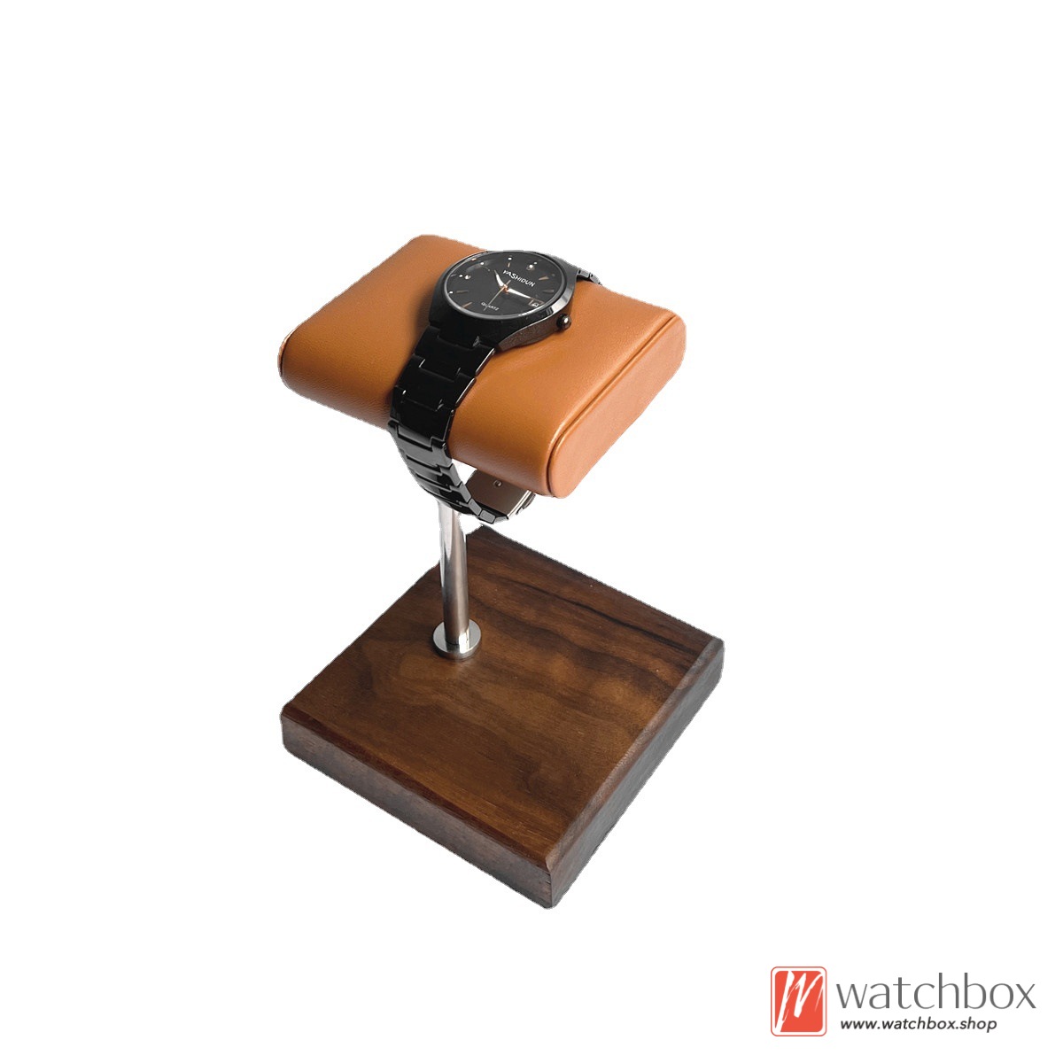 The Counter Walnut Wood Base PU Leather Watch Jewelry Case Display Stand Holder
