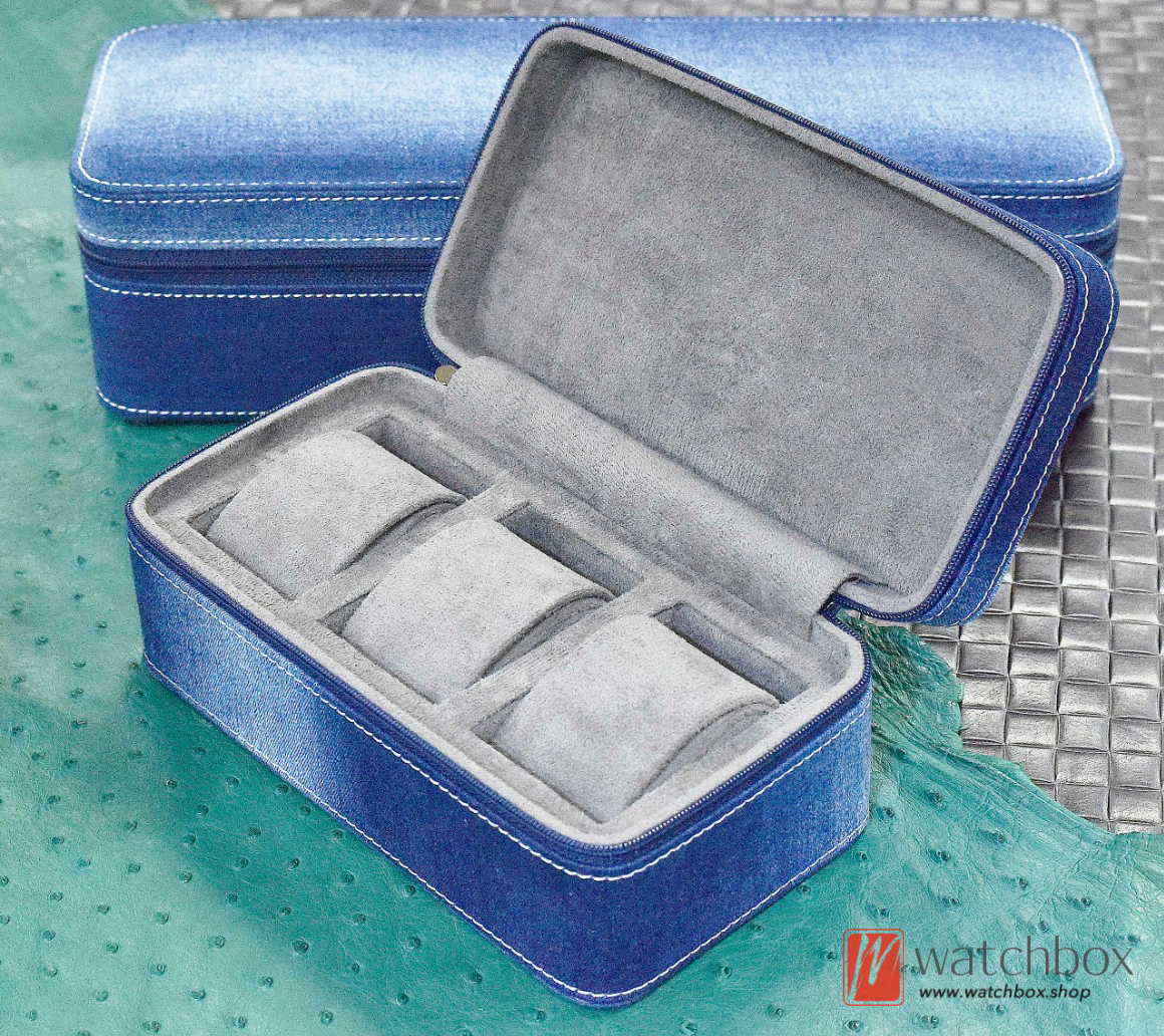 Blue Denim Outdoor Travel Watch Jewelry Case Storage Portable Zipper Box