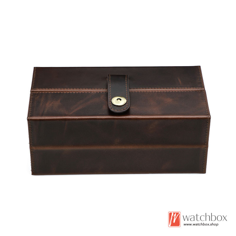 Portable Magnetic Clasp Outdoor 3 Grids Geunine Leather Watch Travel Case Storage Organizer Box