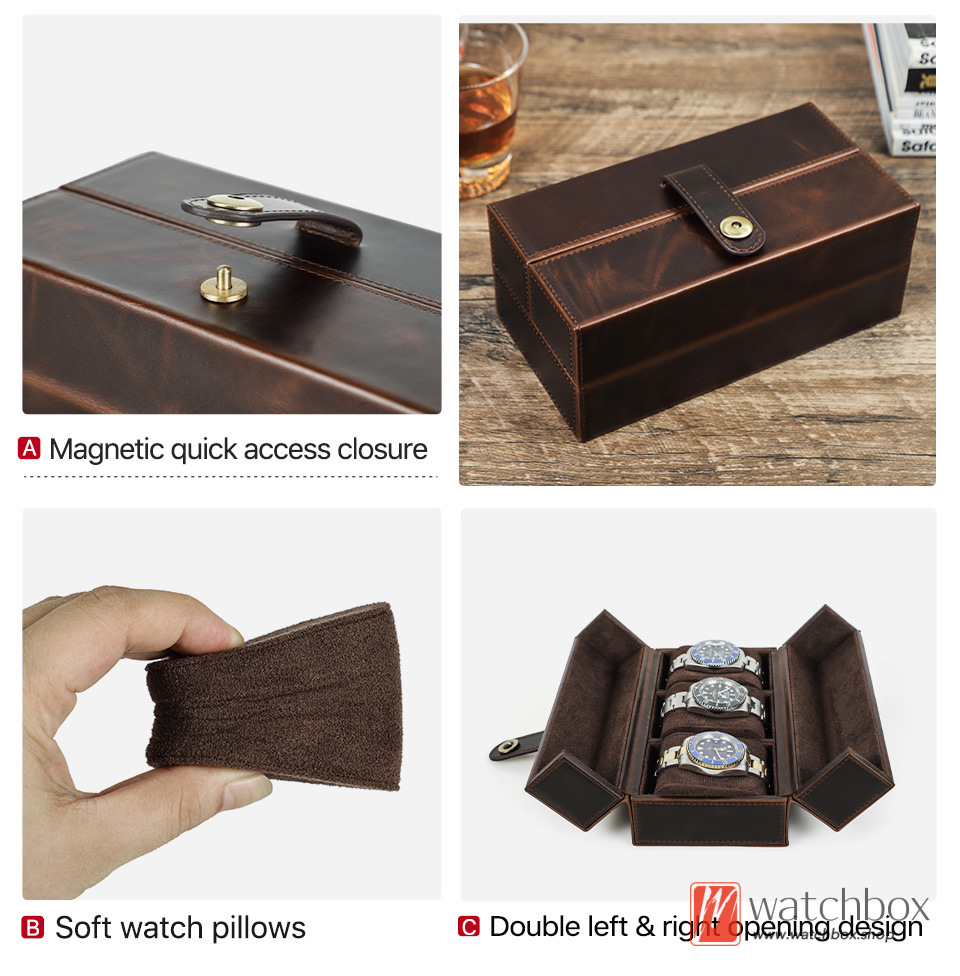 Portable Magnetic Clasp Outdoor 3 Grids Geunine Leather Watch Travel Case Storage Organizer Box