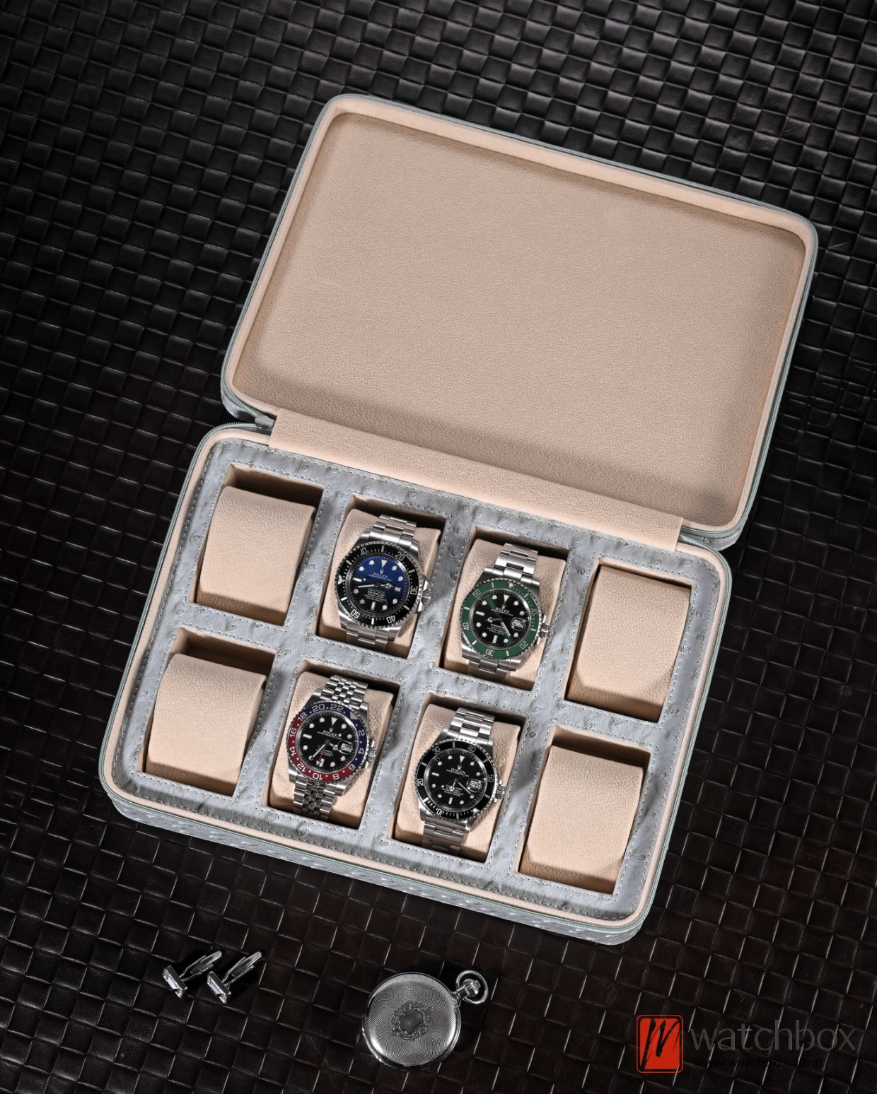 PU Leather Ostrich Pattern Embossed Zipper Travel Portable Watch Jewlery Case Storage Organizer Collection Box