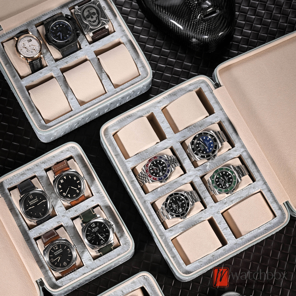 PU Leather Ostrich Pattern Embossed Zipper Travel Portable Watch Jewlery Case Storage Organizer Collection Box