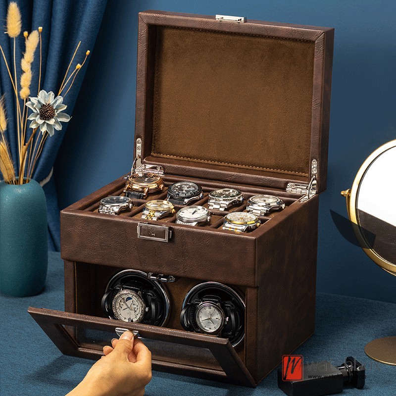 Leather Automatic Rotate Mechanical Watch Winder Shake Box Jewelry Case Display Storage Box 2+8