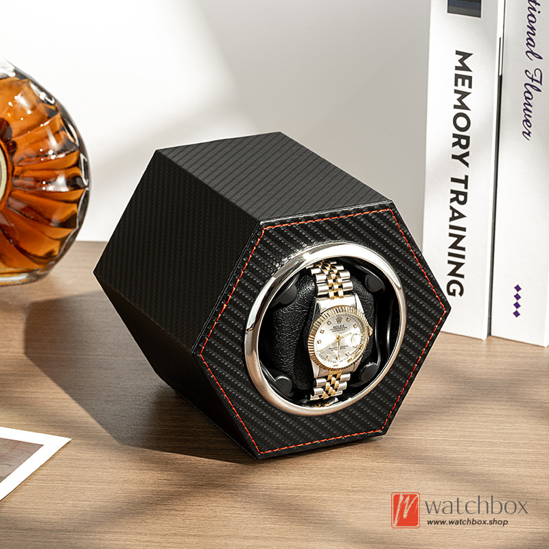 Leather Hexagon Mini Automatic Rotate Mechanical Mini Watch Winder Watch Case Storage Type-C Travel Shake Box