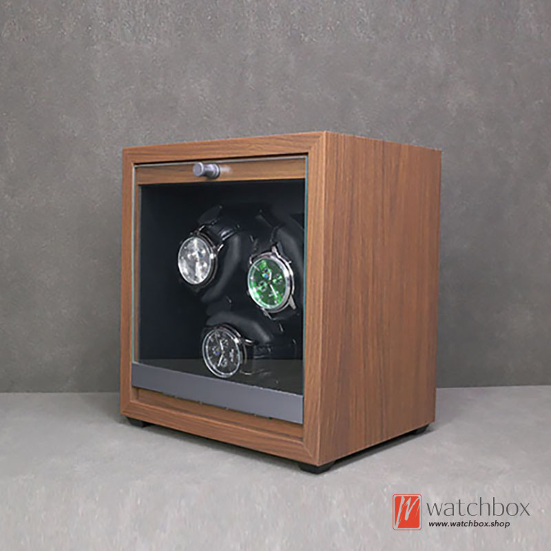 High-grade Black Walnut Grain Wood Blue LED Light Silent Watch Winder Automatic Mechanical Watch Shake Storage Case Display Box