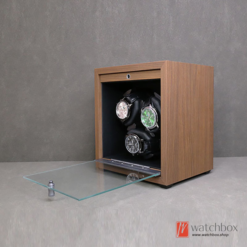High-grade Black Walnut Grain Wood Blue LED Light Silent Watch Winder Automatic Mechanical Watch Shake Storage Case Display Box