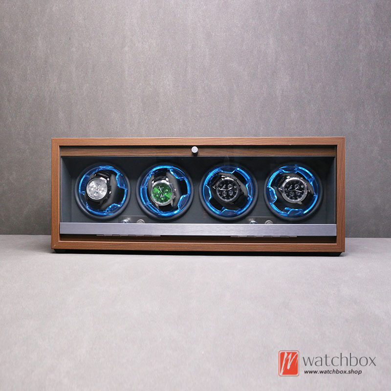 High-grade Black Walnut Grain Wood  Automatic Mechanical  Watch Winder Blue LED Light Silent Watch Shake Box Storage Case Display Home Decoration