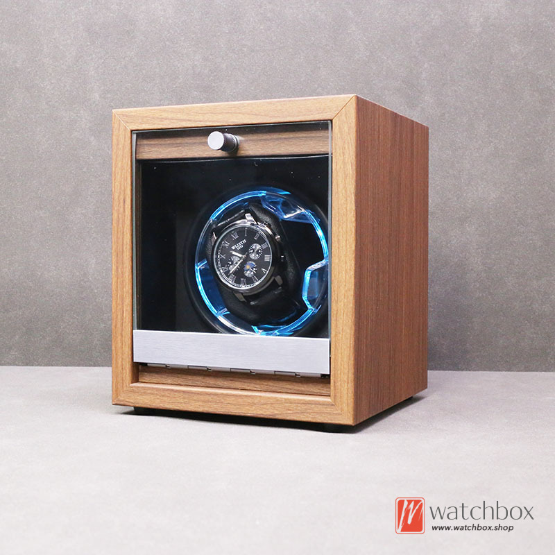 High-grade Black Walnut Grain Wood  Automatic Mechanical  Watch Winder Blue LED Light Silent Watch Shake Box Storage Case Display Home Decoration