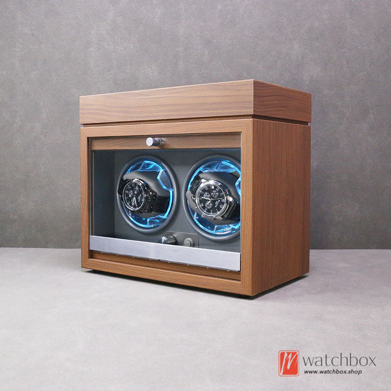 High-grade Black Walnut Grain Wood Automatic Mechanical Watch Winder Blue LED Light Silent Watch Shake Box jewelry Case Storage Display Home Decoration
