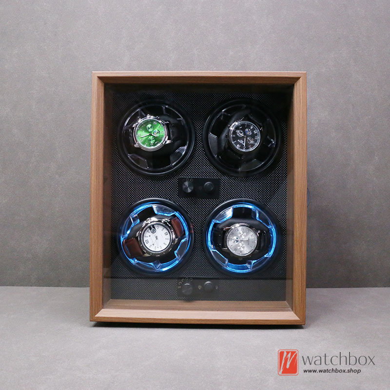 High-grade Black Walnut Grain Wood Blue LED Light Silent Watch Winder Automatic Mechanical Watch Shake Box Storage Display Shop Home Decoration 4+0