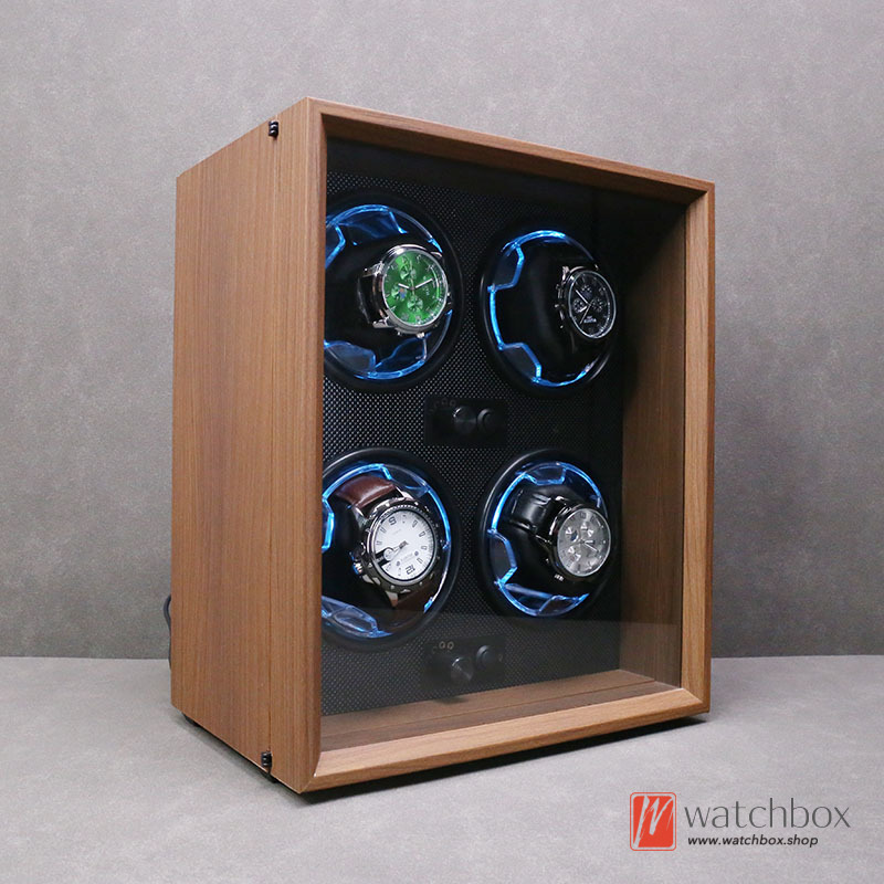 High-grade Black Walnut Grain Wood Blue LED Light Silent Watch Winder Automatic Mechanical Watch Shake Box Storage Display Shop Home Decoration 4+0