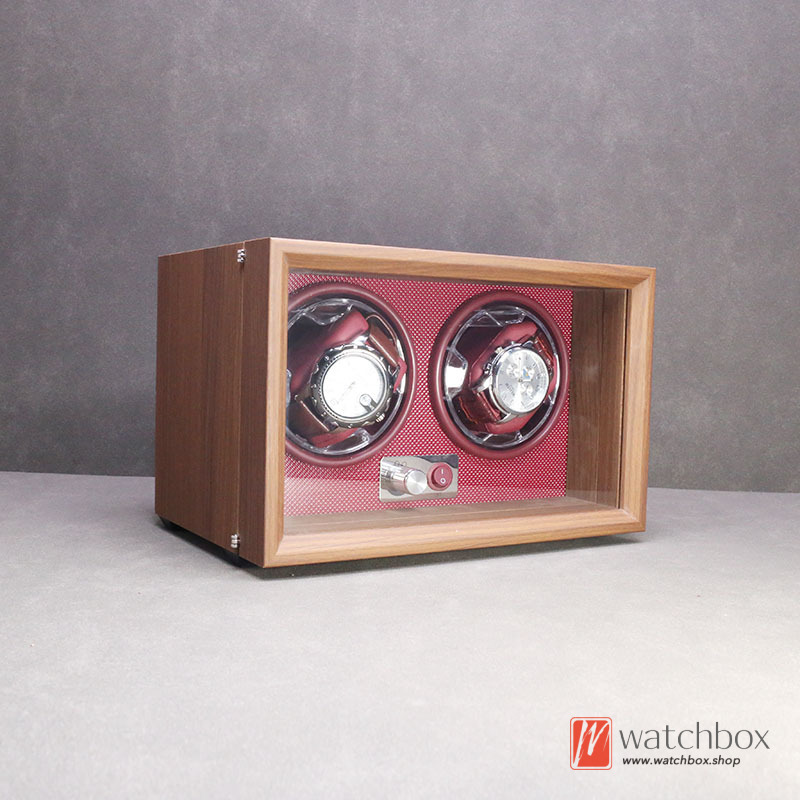 High-grade Black Walnut Grain Wood Silent Watch Winder Automatic Mechanical Watch Shake Box Storage Blue LED Light Display Shop Home Decoration 2+0