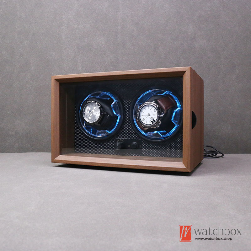 High-grade Black Walnut Grain Wood Silent Watch Winder Automatic Mechanical Watch Shake Box Storage Blue LED Light Display Shop Home Decoration 2+0