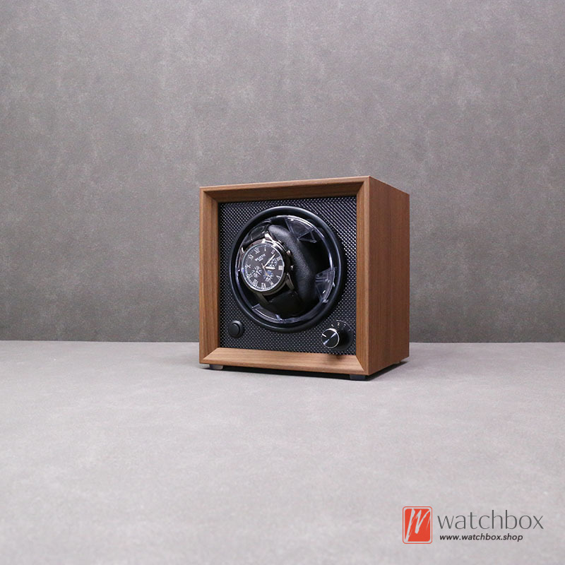Mini Portable Black Walnut Grain Wood Blue LED Light Silent Watch Winder Automatic Mechanical Watch Shake Box Travel Storage Box
