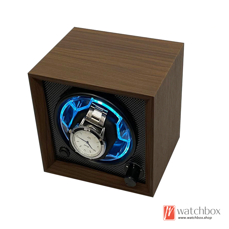 Mini Portable Black Walnut Grain Wood Blue LED Light Silent Watch Winder Automatic Mechanical Watch Shake Box Travel Storage Box